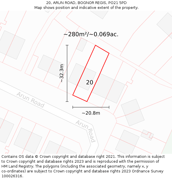 20, ARUN ROAD, BOGNOR REGIS, PO21 5PD: Plot and title map