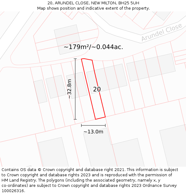 20, ARUNDEL CLOSE, NEW MILTON, BH25 5UH: Plot and title map