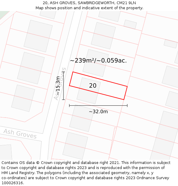 20, ASH GROVES, SAWBRIDGEWORTH, CM21 9LN: Plot and title map