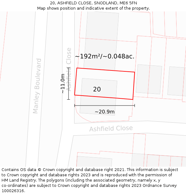 20, ASHFIELD CLOSE, SNODLAND, ME6 5FN: Plot and title map