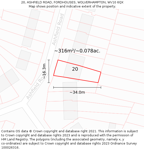 20, ASHFIELD ROAD, FORDHOUSES, WOLVERHAMPTON, WV10 6QX: Plot and title map