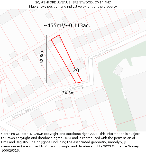 20, ASHFORD AVENUE, BRENTWOOD, CM14 4ND: Plot and title map