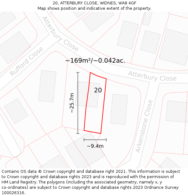 20, ATTERBURY CLOSE, WIDNES, WA8 4GF: Plot and title map