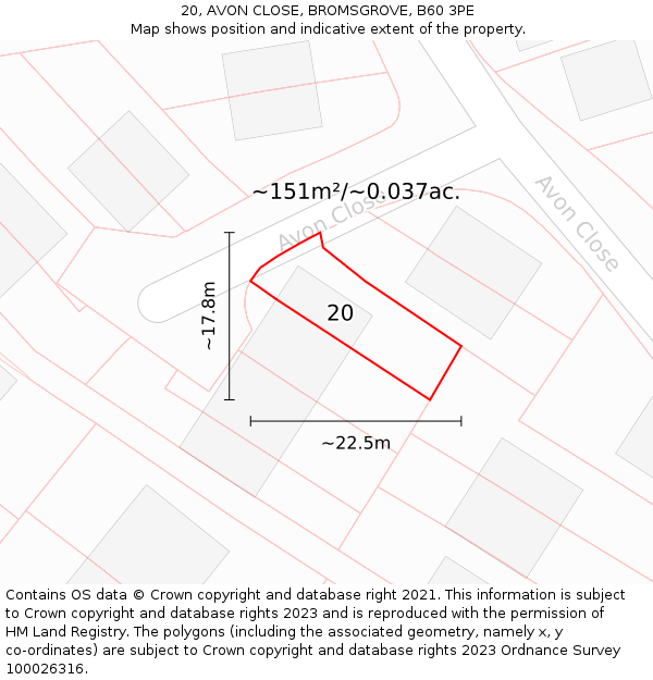 20, AVON CLOSE, BROMSGROVE, B60 3PE: Plot and title map