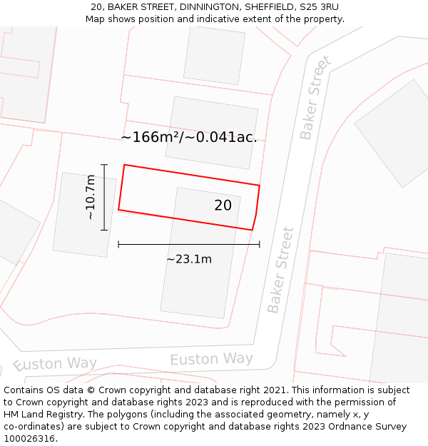 20, BAKER STREET, DINNINGTON, SHEFFIELD, S25 3RU: Plot and title map