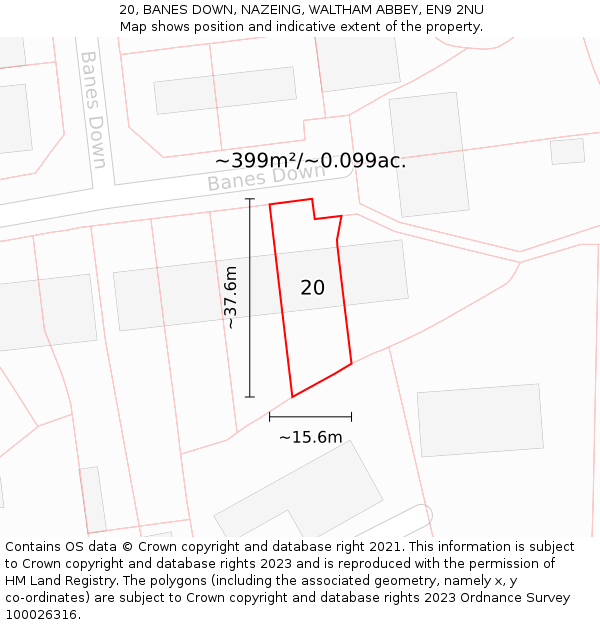 20, BANES DOWN, NAZEING, WALTHAM ABBEY, EN9 2NU: Plot and title map