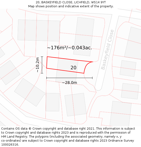 20, BASKEYFIELD CLOSE, LICHFIELD, WS14 9YT: Plot and title map