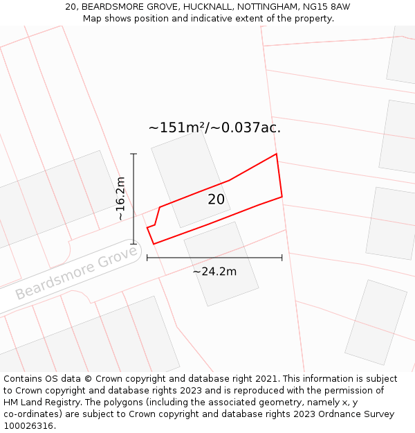 20, BEARDSMORE GROVE, HUCKNALL, NOTTINGHAM, NG15 8AW: Plot and title map