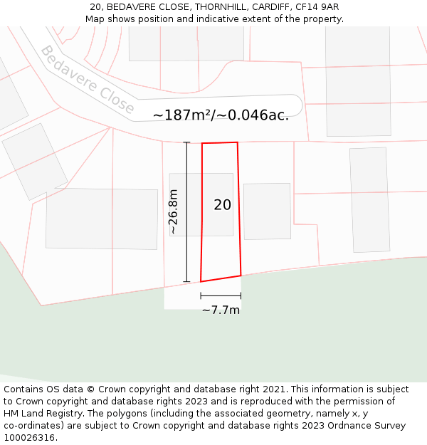 20, BEDAVERE CLOSE, THORNHILL, CARDIFF, CF14 9AR: Plot and title map