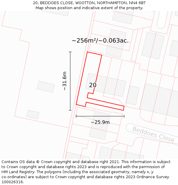 20, BEDDOES CLOSE, WOOTTON, NORTHAMPTON, NN4 6BT: Plot and title map