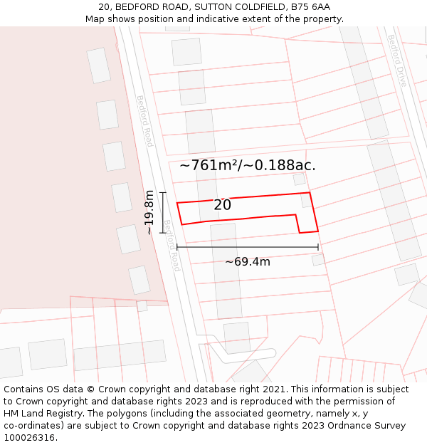 20, BEDFORD ROAD, SUTTON COLDFIELD, B75 6AA: Plot and title map