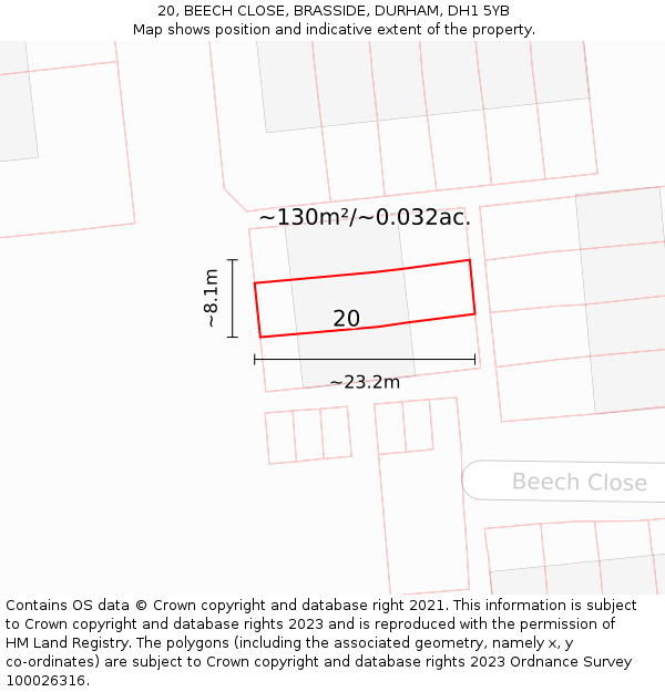 20, BEECH CLOSE, BRASSIDE, DURHAM, DH1 5YB: Plot and title map