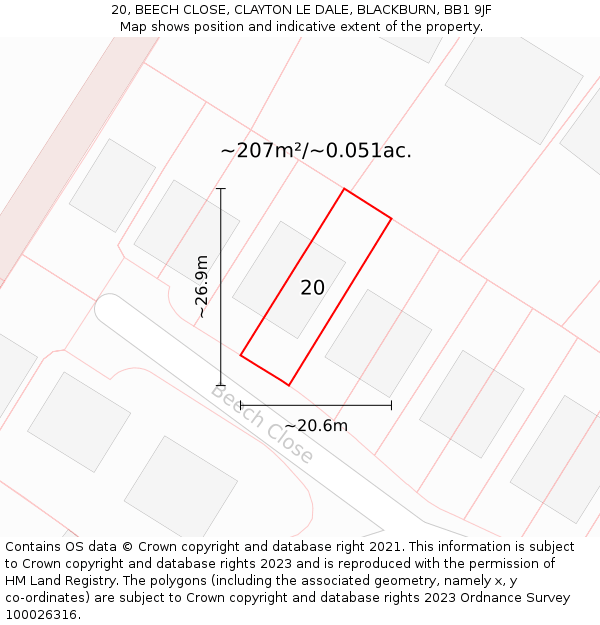20, BEECH CLOSE, CLAYTON LE DALE, BLACKBURN, BB1 9JF: Plot and title map