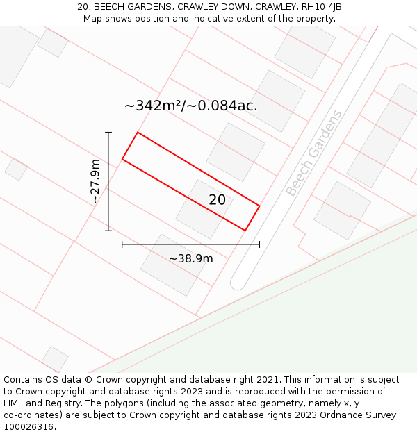 20, BEECH GARDENS, CRAWLEY DOWN, CRAWLEY, RH10 4JB: Plot and title map