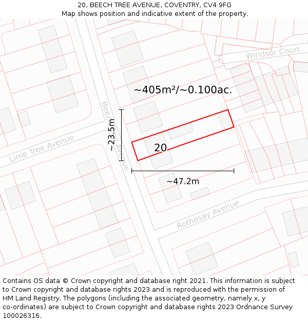 20, BEECH TREE AVENUE, COVENTRY, CV4 9FG: Plot and title map
