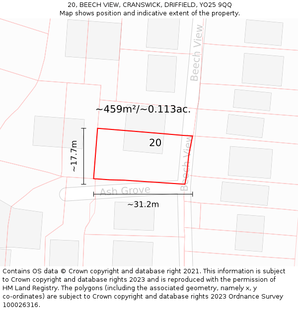 20, BEECH VIEW, CRANSWICK, DRIFFIELD, YO25 9QQ: Plot and title map