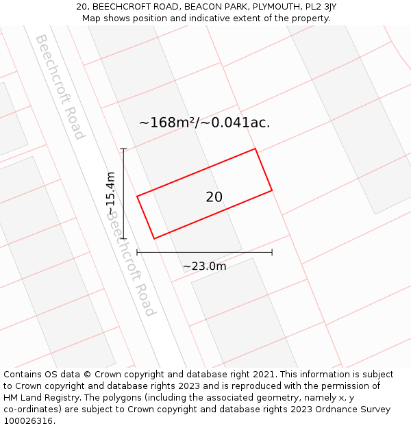 20, BEECHCROFT ROAD, BEACON PARK, PLYMOUTH, PL2 3JY: Plot and title map
