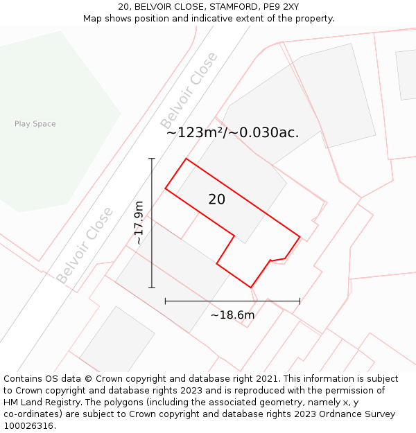 20, BELVOIR CLOSE, STAMFORD, PE9 2XY: Plot and title map