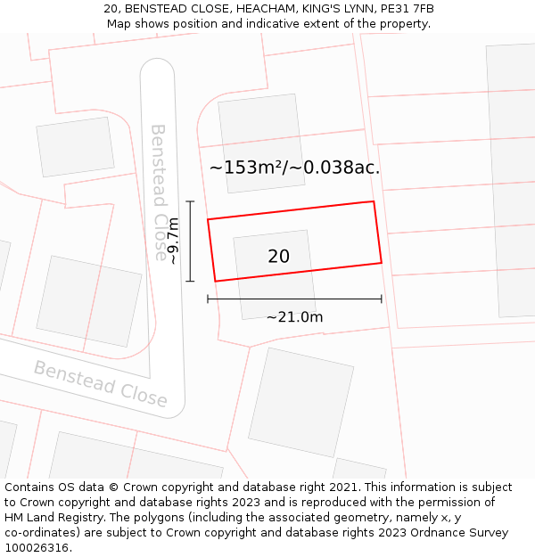 20, BENSTEAD CLOSE, HEACHAM, KING'S LYNN, PE31 7FB: Plot and title map