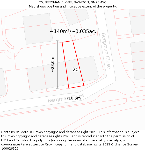 20, BERGMAN CLOSE, SWINDON, SN25 4XQ: Plot and title map