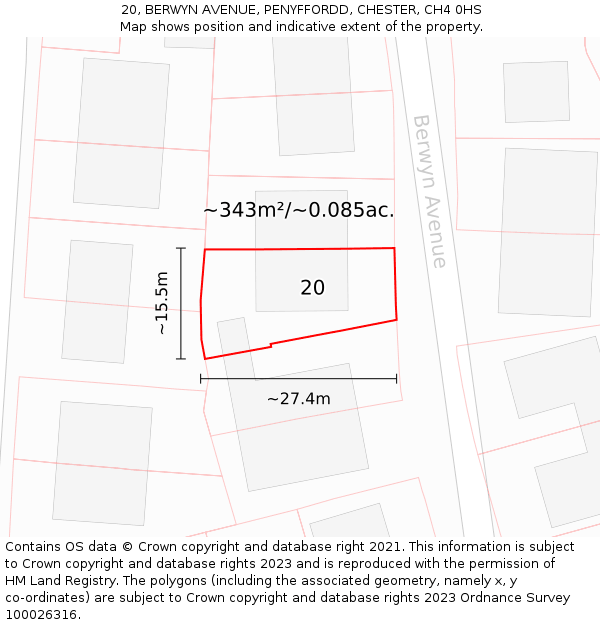 20, BERWYN AVENUE, PENYFFORDD, CHESTER, CH4 0HS: Plot and title map