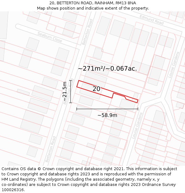 20, BETTERTON ROAD, RAINHAM, RM13 8NA: Plot and title map