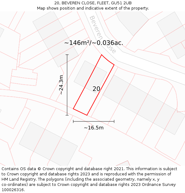 20, BEVEREN CLOSE, FLEET, GU51 2UB: Plot and title map