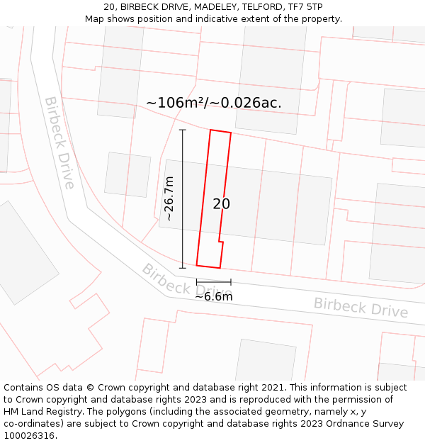 20, BIRBECK DRIVE, MADELEY, TELFORD, TF7 5TP: Plot and title map