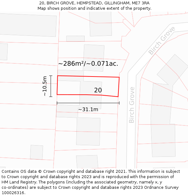 20, BIRCH GROVE, HEMPSTEAD, GILLINGHAM, ME7 3RA: Plot and title map