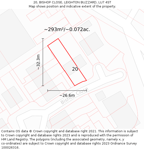 20, BISHOP CLOSE, LEIGHTON BUZZARD, LU7 4ST: Plot and title map