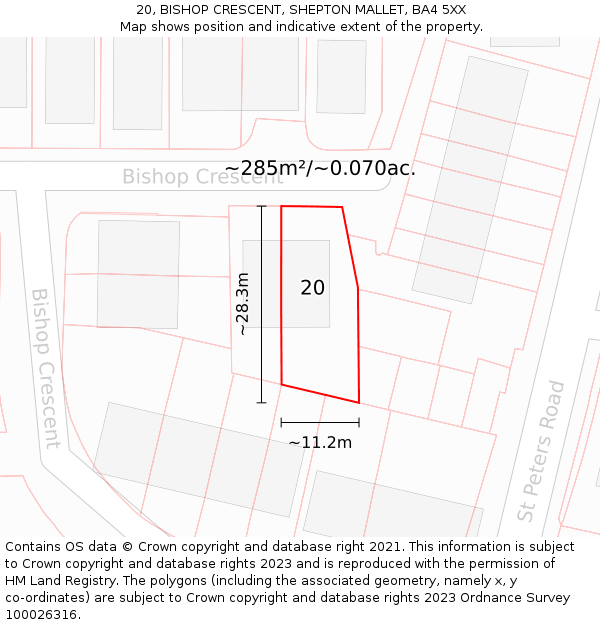 20, BISHOP CRESCENT, SHEPTON MALLET, BA4 5XX: Plot and title map