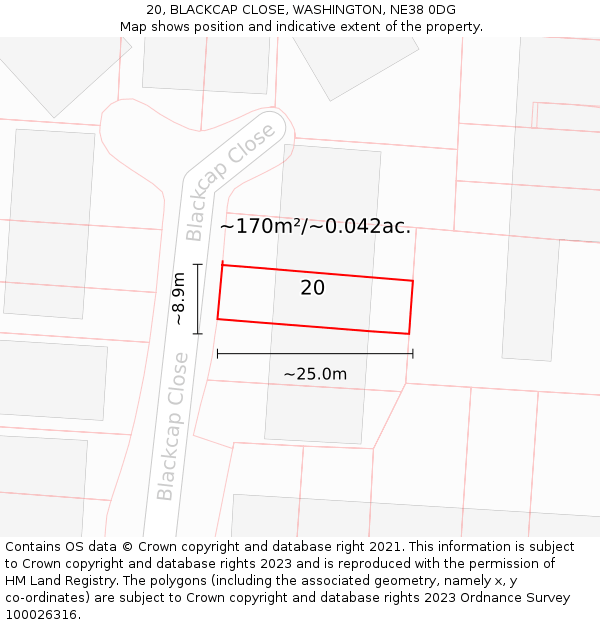 20, BLACKCAP CLOSE, WASHINGTON, NE38 0DG: Plot and title map