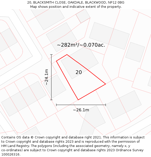 20, BLACKSMITH CLOSE, OAKDALE, BLACKWOOD, NP12 0BG: Plot and title map