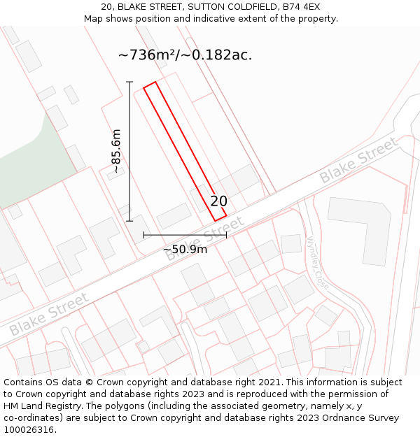 20, BLAKE STREET, SUTTON COLDFIELD, B74 4EX: Plot and title map