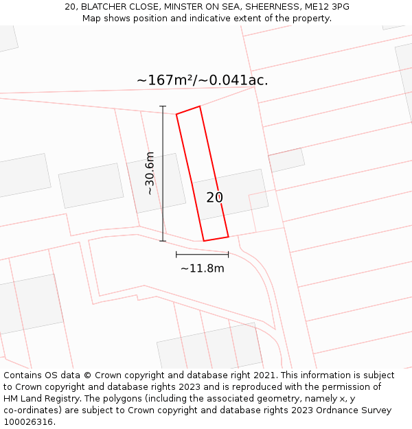 20, BLATCHER CLOSE, MINSTER ON SEA, SHEERNESS, ME12 3PG: Plot and title map