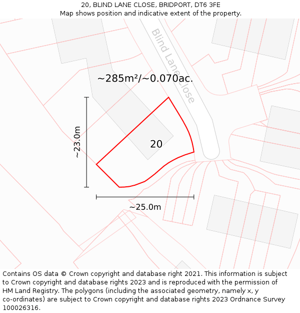 20, BLIND LANE CLOSE, BRIDPORT, DT6 3FE: Plot and title map