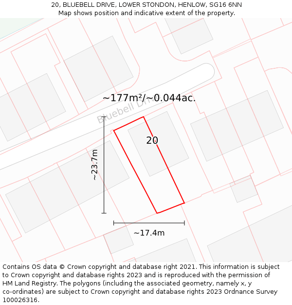 20, BLUEBELL DRIVE, LOWER STONDON, HENLOW, SG16 6NN: Plot and title map