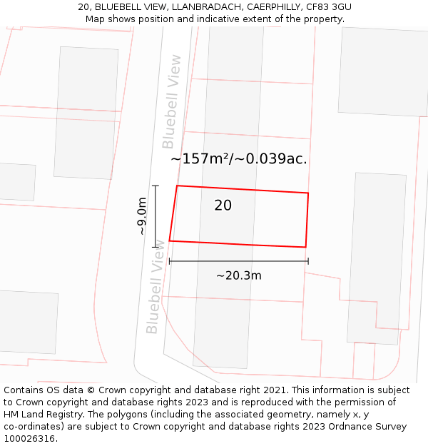 20, BLUEBELL VIEW, LLANBRADACH, CAERPHILLY, CF83 3GU: Plot and title map