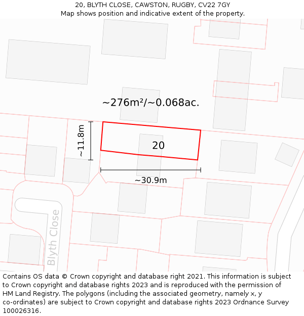 20, BLYTH CLOSE, CAWSTON, RUGBY, CV22 7GY: Plot and title map