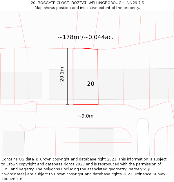 20, BOSGATE CLOSE, BOZEAT, WELLINGBOROUGH, NN29 7JS: Plot and title map