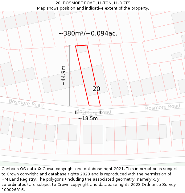 20, BOSMORE ROAD, LUTON, LU3 2TS: Plot and title map