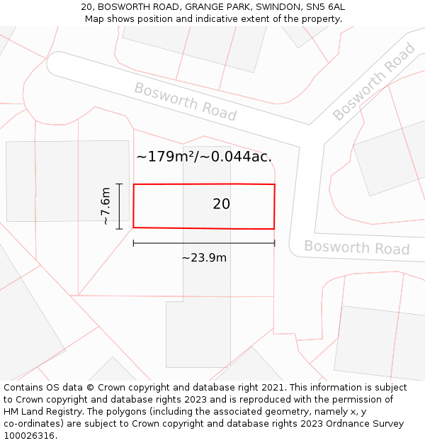 20, BOSWORTH ROAD, GRANGE PARK, SWINDON, SN5 6AL: Plot and title map