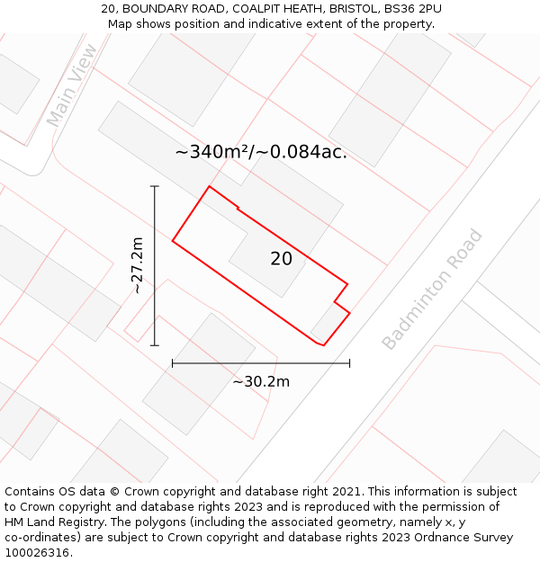 20, BOUNDARY ROAD, COALPIT HEATH, BRISTOL, BS36 2PU: Plot and title map
