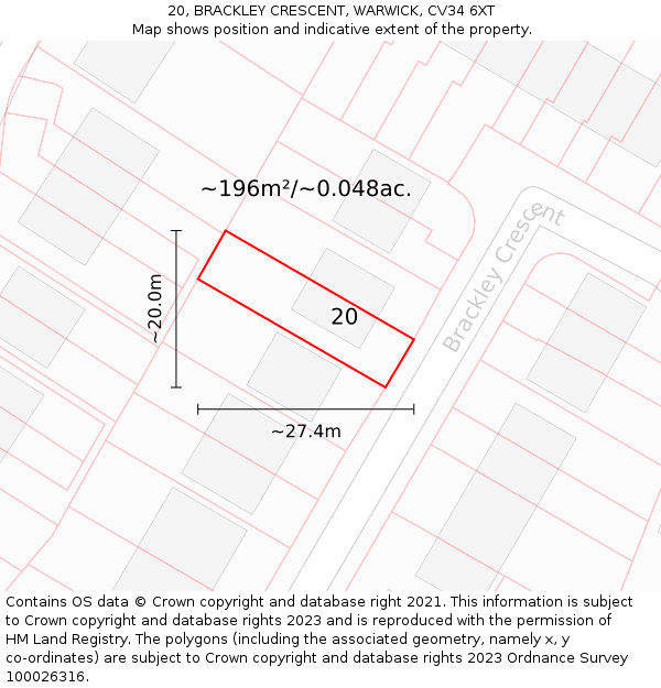 20, BRACKLEY CRESCENT, WARWICK, CV34 6XT: Plot and title map