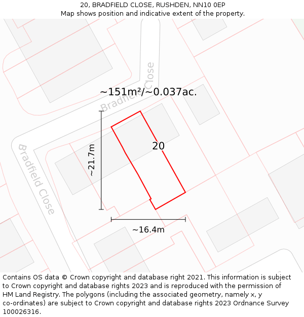 20, BRADFIELD CLOSE, RUSHDEN, NN10 0EP: Plot and title map