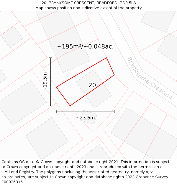 20, BRANKSOME CRESCENT, BRADFORD, BD9 5LA: Plot and title map