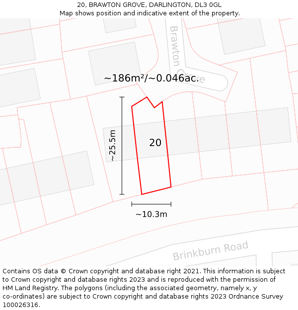 20, BRAWTON GROVE, DARLINGTON, DL3 0GL: Plot and title map