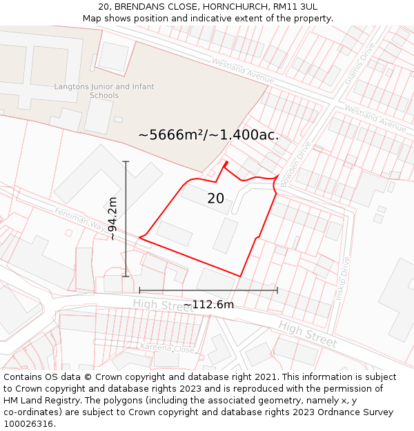 20, BRENDANS CLOSE, HORNCHURCH, RM11 3UL: Plot and title map
