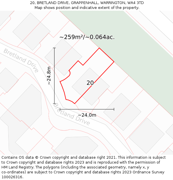 20, BRETLAND DRIVE, GRAPPENHALL, WARRINGTON, WA4 3TD: Plot and title map