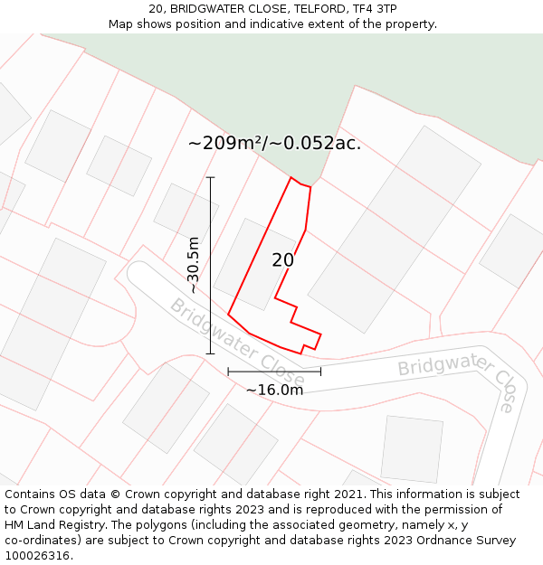 20, BRIDGWATER CLOSE, TELFORD, TF4 3TP: Plot and title map